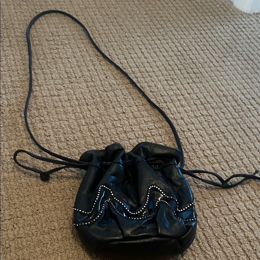 Stylish Black Drawstring Mini Bag With Studded Ac… - image 2